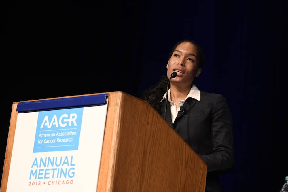 Hannah Dada, Ph.D. speaking at AACR18