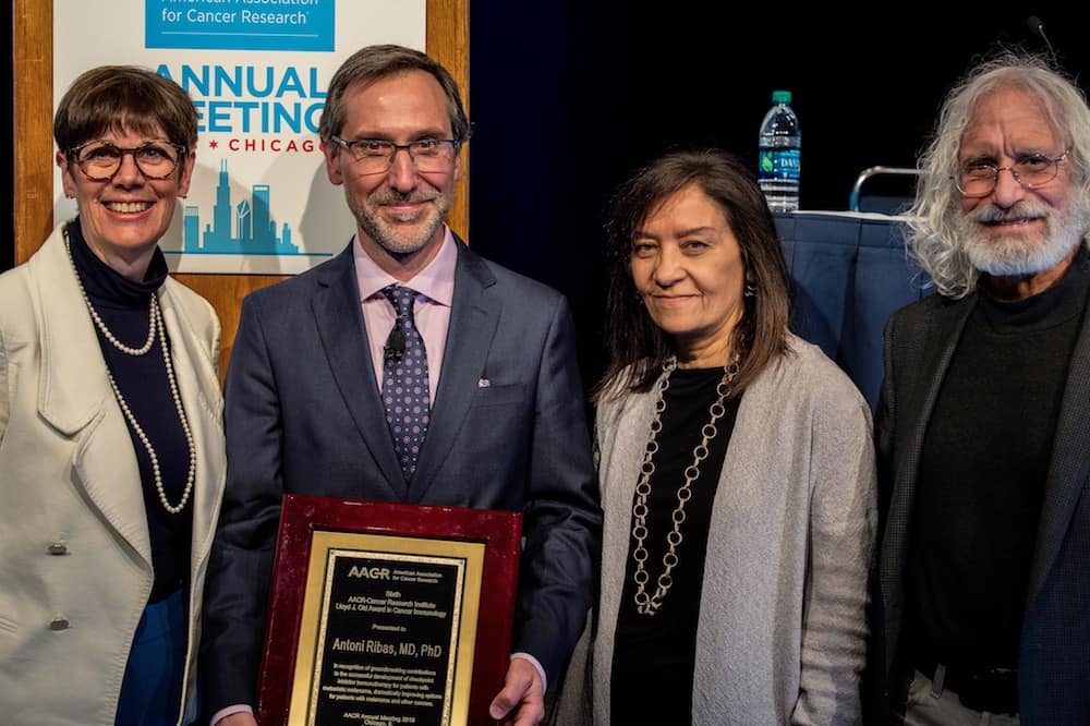 Antoni Ribas, M.D., Ph.D., awarded the sixth AACR-CRI Lloyd J. Old Award in Cancer Immunology. Pictured left to right: Jill O'Donnell-Tormey, Ph.D. (Cancer Research Institute); Antoni Ribas, M.D., Ph.D. (UCLA); Nina Bhardwaj, M.D., Ph.D. (Icahn School of Medicine); Philip Greenberg, M.D. (Fred Hutch)
