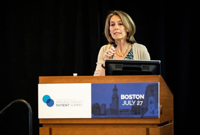 Laurie Glimcher, M.D., welcome attendees to the first CRI Immunotherapy Patient Summit in Boston, held at the Dana-Farber Cancer Institute. Photo by Adrianne Mathiowetz.