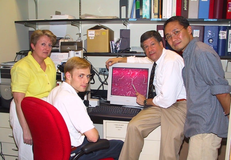 From L to R: Kathleen Sheehan, Ph.D., Allen T. Bruce, M.D., Ph.D., Dr. Schreiber, and Hiroaki Ikeda, M.D., Ph.D. Bruce and Ikeda both contributed to Schreiber’s landmark 2001 paper on immunoediting, and both were supported by CRI funding.