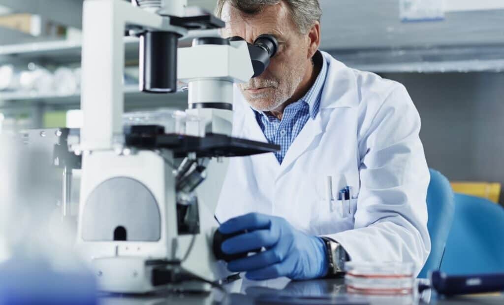 Person looks through a microscope in a lab